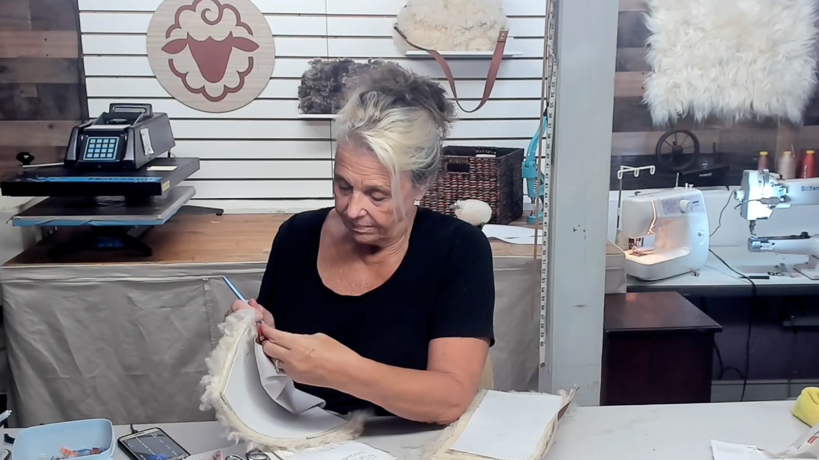 Karen Borga fiber artist at work in her studio.